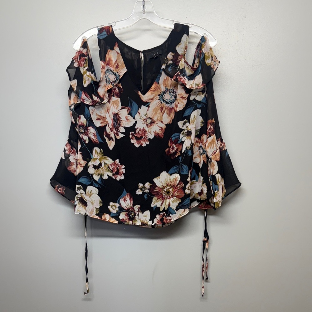 Iris Black Pink Blue Floral Open Shoulder Bell Sleeve Lightweight Blouse SIZE L
